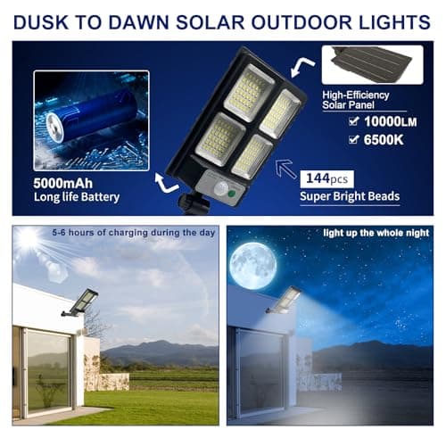 WaitScher Solar Motion Lights Outdoor Waterproof 10000LM LED Security Flood Lights Dusk to Dawn for Outside Yard, Driveway, or Garden Path 2 Pack - Thumbnail 2