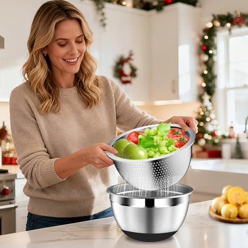 DUTZUN Mixing Bowls with Lids Set - 16pcs Stainless Steel Mixing Bowl Set with Colander, 3 Grater Attachments, Non-Slip Bottom, Metal Nesting Bowls with Strainer for Mixing & Serving - Black - Thumbnail 5