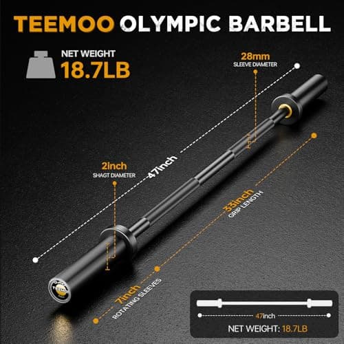 TEEMOO Olympic Barbell Bar, 47" Barbell Bar with 2 Spring Collars, Strength Training bars, Bench Press bar for Weight Lifting, Squat, Hip Thrusts, Biceps, 700lb Weight Capacity, E-Coat Finish for 2 inch Weight Plates (Black) - Thumbnail 2