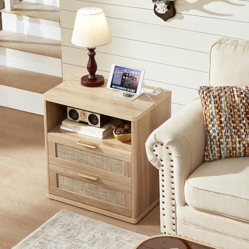 LEYAOYAO Rattan Night Stand with Charger Station, 23" Wide Boho Nightstand with 2 Drawers, Natural Wood Bedside Table Open Storage Cabinet, Bed Side End Tables Dresser for Bedroom, Living Room Hallway - Thumbnail 6
