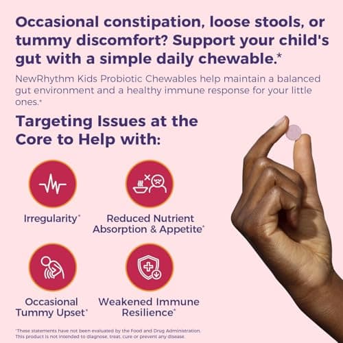 NewRhythm Kids Probiotic Chewables, 5 Billion CFU 10 Strains, with Prebiotic Fiber Inulin & Organic Acacia for Age 3+, Natural Peach Flavored, for Digestive & Immune Support, 30 Chewable Tablets - Thumbnail 3