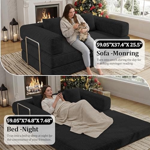 59 Inch Convertible Sofa Bed, 4-in-1 Futon Sofa Bed Pull Out Sleeper Couch, Boneless Couches Bed for Living Room, Corduroy Boneless Couches for Bedroom, Apartment, No Assembly(Black, 59” 2 Seat) - Thumbnail 6