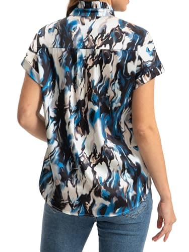 Funlingo Womens Silk Satin Tops Short Sleeve Button Down Shirts Summer Dressy Ruffle Collared Blouses Business Casual Outfits 2026 Tie Dye M - Thumbnail 4
