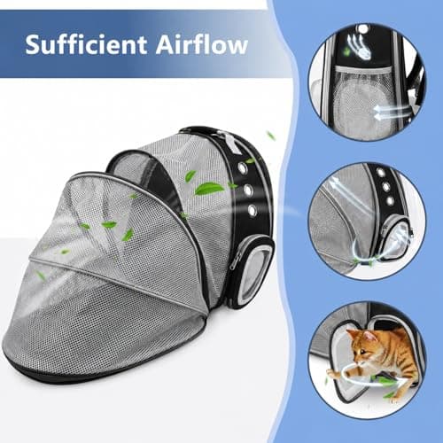 Cat Backpack Carrier Back Expandable Bubble Pet Carrier Backpack for Large Cat, Kitten and Dog, Designed for Hiking, Travelling and Outdoor Use (Back Expandable-Black) - Thumbnail 5