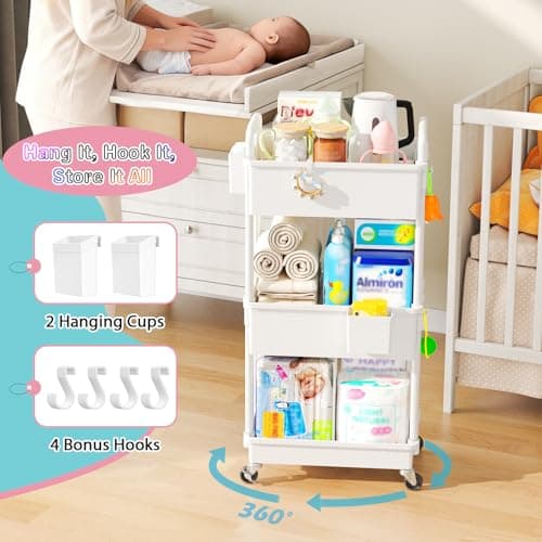 SUNALLY Baby Diaper Caddy Cart, 3 Tier Rolling Diaper Cart with Lockable Wheels for Nursery Essentials, Large Capacity & Easy Assemble Diaper Storage Organizer for Newborn,New Mom, White - Thumbnail 4