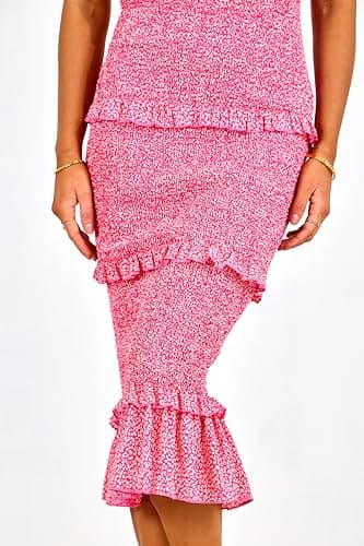 dowerme Women Summer Casual Floral Midi Smocked Bodycon Dresses Spaghetti Strap Square Neck Ruffle Mermaid Prom Dress(Rose Red,Medium) - Thumbnail 5