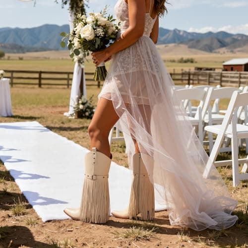 Grakihily Fringe Cowgirl Boots for Women Retro Square Toe Side Zipper Block Chunky Heel Tassel Country Concert Outfits Mid Calf Western Cowboy Boots,Beige Size 8 - Thumbnail 2