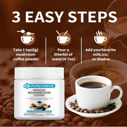 Pureverve Mushroom Coffee, Organic10 Mushroom Extract Powder Blend Lion's Mane, Reishi, Chaga, Cordyceps, Turkey Tail 30 Servings - Thumbnail 6
