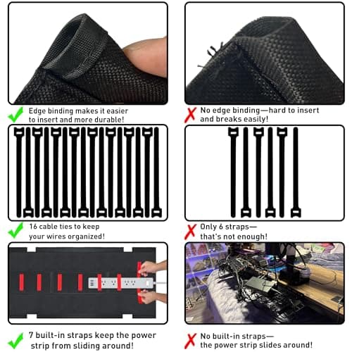 AHOMO [Upgraded] Under Desk Cable Management, 28" Cord Organizer,with Silicone Pads (No Scratch!),16 Cable Ties, Washable PE Honeycomb Base,Fits Any Desk 0-2.1",No Stinky Cardboard! Black 28"L x 6.0"W - Thumbnail 6