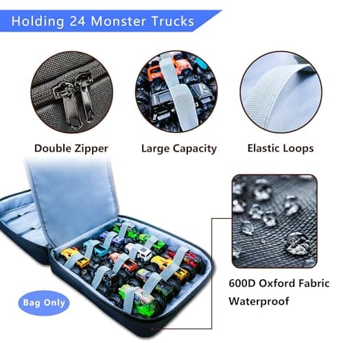 Carrying Case for 24 Monster Jam Trucks - Kids Toy Truck Storage Bag Compatible with 1:64 Scale Monster Jam Die-Cast Vehicles, Portable Monster Truck Organizer (Bag Only, Without Accessories) - Thumbnail 2
