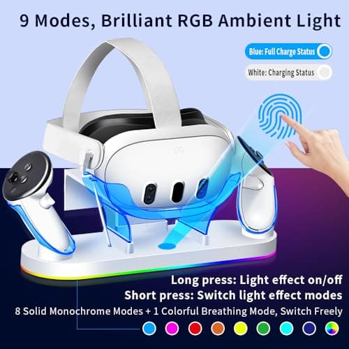 TicEaik Charging Dock for Meta Quest 3/3S, 18W Fast Charger with 2 Rechargeable Batteries, 8 LED Lighting Modes, USB-C Charging Accessory, Charging Stand for VR Headset and Controller - Thumbnail 2