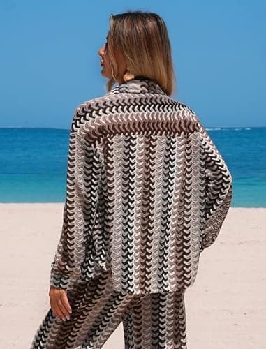 ZAFUL Womens Beach Cover Up Summer Lightweight Cardigans Crochet Boho Swimsuit Cover Up Long Sleeve Cardigans Beach Wear Brown L - Thumbnail 2