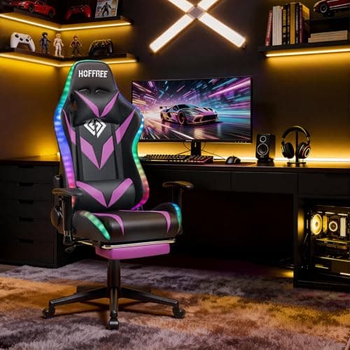 Led Gaming Chair with Speakers Massage 165°Reclining Computer Chairs-Purple - Thumbnail 2