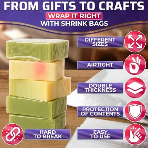 200 Pcs Shrink Wrap for Soap – 5x7" Soap Making Supplies, Bath Bombs, & Jewelry – Gift Wrap Shrink Bags for DIY Projects & Mother's Day Presents | Use with Heat Gun or Hair Dryer at Medium Temperature - Thumbnail 4