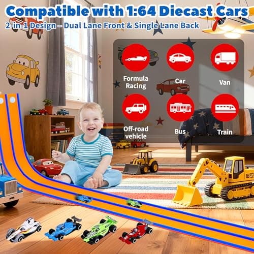 FUTESI Flexible Race Car Track for Kids 15 Ft Flex Tracks Starter Set Compatible with Diecast 1/64th Cars Portable Rolls Up Race Tracks with Strong Suction Cups Birthday Gifts for Boys Girls Ages 3+ - Thumbnail 2