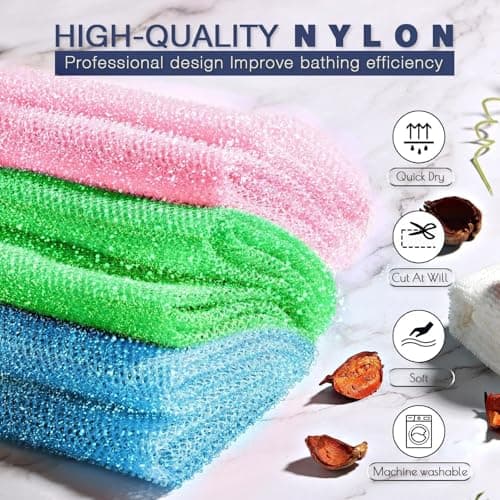 UJFQBH 3 Piece Bright Style African exfoliating net Exfoliating Shower Set Long Bath Sponges for Smooth, Refreshed Skin, The Exterior Gleams - Ideal for Daily Use (Bright Pink, Blue, Green) - Thumbnail 4