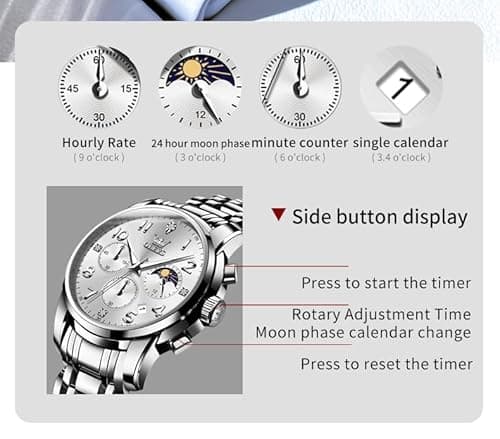 OLEVS Silver Watch for Men Luxury Chronograph Stainless Steel Waterproof Mens Watches Classic Analog Men's Wrist Watches Date Moon Phase Big Face Easy Read Man Watch Relojes para Hombres - Thumbnail 4