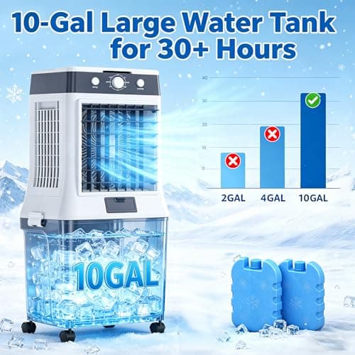 Swamp Cooler Air Conditioner, 10 Gal 3500 CFM Windowless Air Conditioner, Foldable Swamp Cooler, Ice Packs, 3 Modes 3 Speeds, 120° Oscillation, for Indoor Rooms Office Bedroom - Thumbnail 2