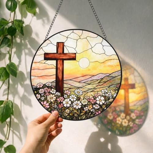 8 Inch Stained Glass Cross Sunset for Windows Hanging, Stained Glass Gift, Christian Gifts, Religious Gifts, Christian Cross, Window Decor, Religious Faith Gift for Easter, Mother's Day, Christmas - Thumbnail 3