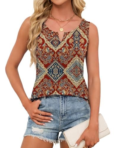 JUSTFASHIONNOW Boho Tank Tops for Women V Neck Sleeveless Tops Dressy Casual Blouses Work Shirts Summer Beach Vacation Clothes(Wine Red, X-Large) - Thumbnail 3