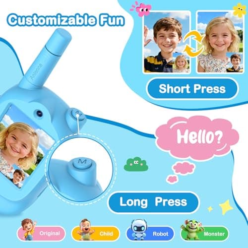 Video Walkie Talkies for Kids, 2 Pack Rechargeable HD Screen Walkies Talkies with 600 FT Outdoor Range, Voice Changer, Watch Straps & Lanyards – Camping Trips Gift for Boys Girls Ages 3-12 (Blue) - Thumbnail 3