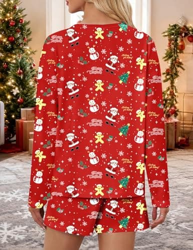 JUSTFASHIONNOW Womens Christmas Pajama Sets Long Sleeve Top and Split Shorts Holiday Lounge Set Loungewear Crew Neck Snowman Print Sleepwear Soft Pjs Xmas Winter Cute Outfits (Red, Small) - Thumbnail 5
