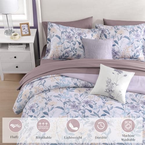 CASAAGUSTO Queen Comforter Set, 7 Pieces Bed in a Bag Queen Purple Iris Floral Comforter Set with Flowers Leaves Pattern, Soft Seersucker Design All Season Queen Size Bedding Set - Thumbnail 2