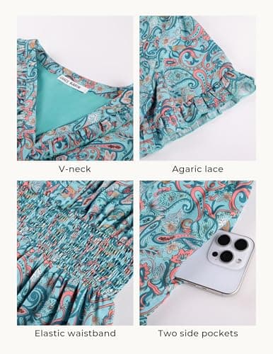 GRACE KARIN Casual Summer Dress for Women 2026 V-Neck Short Sleeve Ruffle Maxi Dress Blue Green Floral XXL - Thumbnail 3