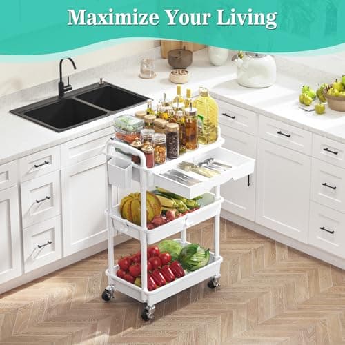 SUNALLY 3 Tier Rolling Cart with Drawer, Bathroom Storage Organizer with 2 Lockable Wheels, Multifunctional Rolling Storage Cart for Bathroom, Kitchen, Office, Craft, Makeup, Baby Essentials, White - Thumbnail 6