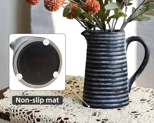 Quoowiit Ceramic Rustic Vase with Handle, Black Distressed Decorative Farmhouse Pitcher Vase for Home Decor Living Room Bedroom Kitchen Office Shelf Decor Centerpiece Table Decoration - Thumbnail 4
