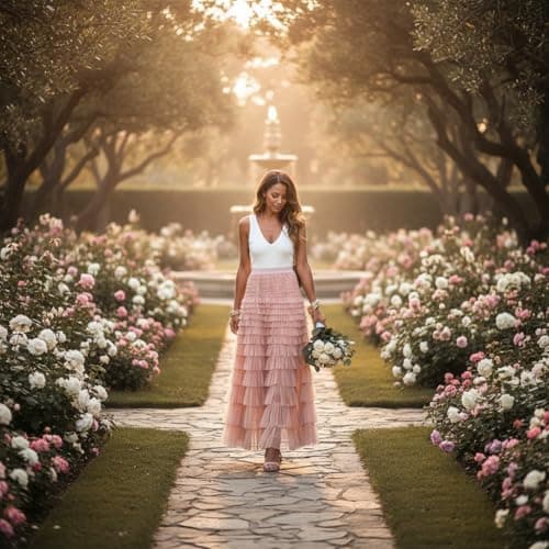 Mincib Womens Long Tulle Skirt A Line Ruffle Tiered Layered Skirts High Waisted Flowy Fairy Maxi Skirts Valentine's Day Gifts Outfit(Pink,L) - Thumbnail 3