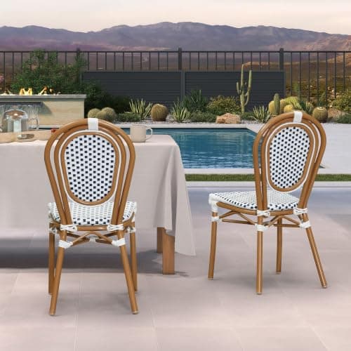 PURPLE LEAF Patio Dining Chair Set of 2 Outdoor French Aluminium Frame in Bamboo Finish with Sky Blue & White Woven Rattan for Indoor Kitchen Deck Bistros Cafe Restaurant - Thumbnail 3