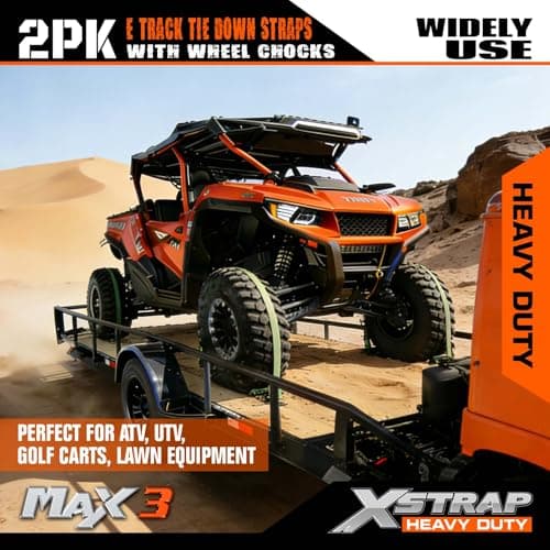 XSTRAP STANDARD Wheel Chock E-Track Tie Down Straps Kit, 2 Pack 2" x 9FT Over-The-Tire Ratchet Straps with Steel Wheel Chocks, 1466 lbs WLL for ATV, UTV, Lawn Mower, Trailer Hauling, Green - Thumbnail 2