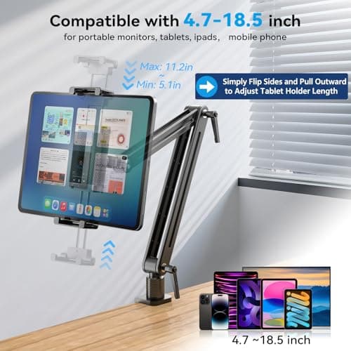 Adjustable Portable Monitor Stand 15.6" - 360° Rotating Base Tall Tablet Desk Arm Holder Stand for iPad Air/Pro/Mini Swivel Flexible Bed Clamp Mount Soporte para Tablet/Monitor Portatil/Ereader - Thumbnail 2