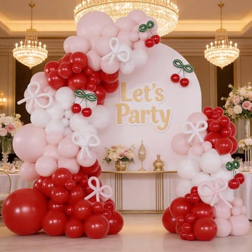Red Cherry Balloon Garland Arch Kit, 143 Pcs Bow Pastel Pink and White Balloons for Cherry Themed Birthday Party Bridal Shower Wedding Galentine's Valentines Day Decorations