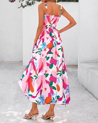 PRETTYGARDEN Womens Summer Dresses 2026 Casual Spaghetti Strap Ruffle Smocked Flowy Floral Spring Maxi Dress with Pocket(Apricot Rose Red Flower,Large) - Thumbnail 5
