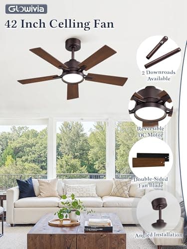Glowivia 42 Inch Ceiling Fan with Lights and Remote, Smart APP Control, Dimmable with All-Setting Memory, Quiet DC Motor Reversible Blades, Damp Rated Modern Ceiling Fan for Bedroom Patio Living Room - Thumbnail 2