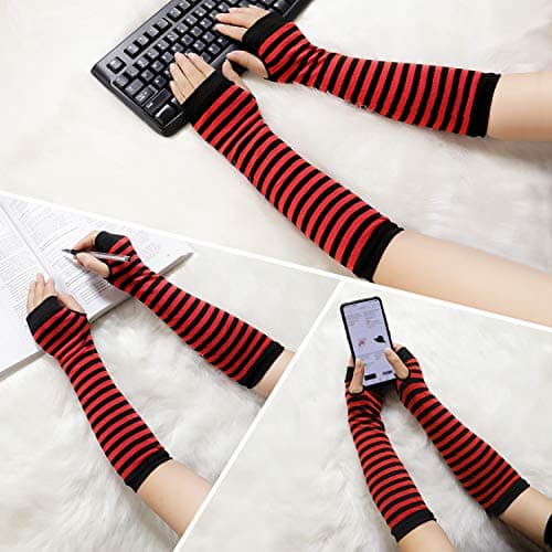 Bienvenu Punk Gothic Rock Long Arm Warmer Fingerless Gloves,Red - Thumbnail 5