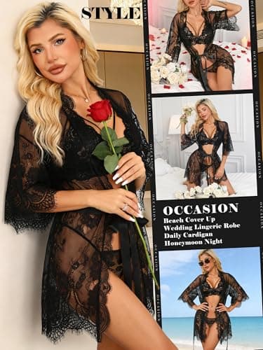 Rigeri Women's Lace Kimono Robe Babydoll Lingerie Nightgown Black XS - Thumbnail 6