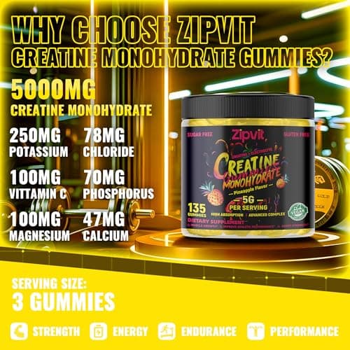 zipvit Creatine Monohydrate Gummies (5g) – Pre-Workout Energy & Muscle Growth Support for Men & Women | Pineapple Electrolyte Gummies (135 Count) - Thumbnail 2