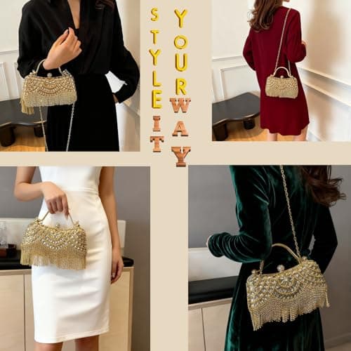 LUKLUKTAISUN 2026 Fringe Rhinestones Clutch Purse for Women Elegant Mesh Evening Bag Crystal Handbag for Cocktail Prom Wedding(Gold) - Thumbnail 4