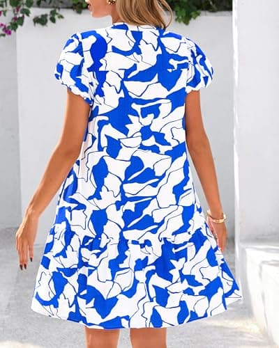 dowerme Womens Summer Dresses 2026 Puffy Sleeve V Neck Loose Floral Print A Line Boho Mini Babydoll Dress with Pockets(Blue,Large) - Thumbnail 5