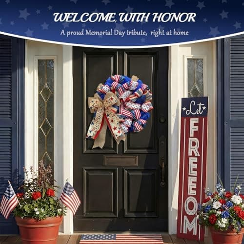Presentastic 250th Anniversary Patriotic Wreath for Front Door, 24 Inch Large 4th of July Decorations, Handcrafted Ribbon Burlap Bow, Red White and Blue Memorial Day Wreath with Lights & Storage Bag - Thumbnail 2