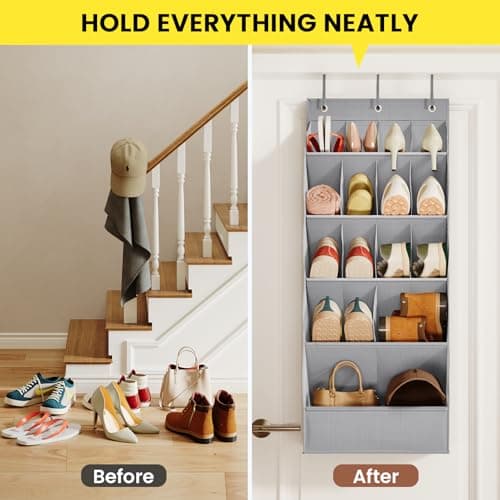 Mefirt Over the Door Shoe Rack for Closet Fit 18+ Pairs, Door Shoe Organizer with Large Breathable Pockets, Hanging Shoes Rack Fit Boots, Behind the Door Shoe Holder for Categorized Storage, Grey ﻿ - Thumbnail 6