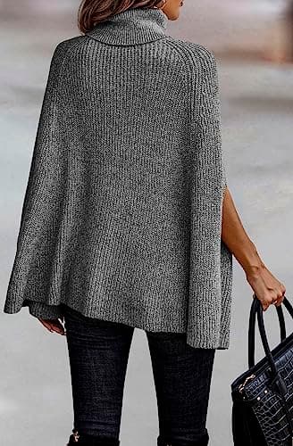 KIRUNDO Women's 2026 Fall Winter Turtleneck Poncho Sweater Fashion Chunky Knit Cape Wrap Sweaters Pullover Jumper Tops(Grey, X-Large) - Thumbnail 5
