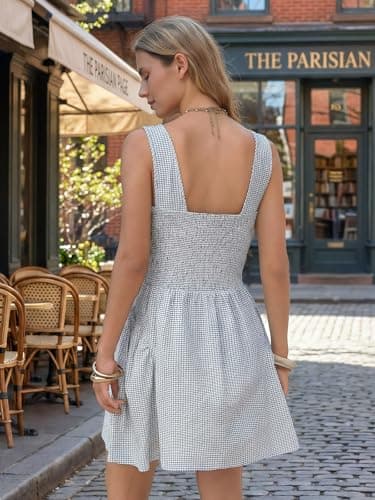 EXLURA Womens Summer Casual Cotton Gingham Dresses Back Elastic Waist Sleeveless Faux Linen Elegant Mini Short Beach Dress White - Thumbnail 5