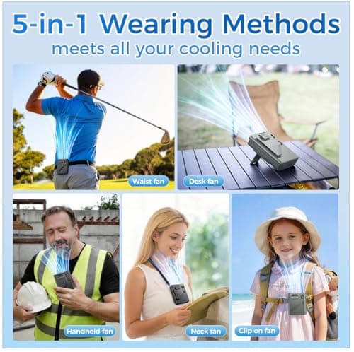 Eastfox 5 in 1 Portable Waist Fan 1-100 Speed Neck fan AI Rechargeable 16H Runtime Clip on Fan 13500RPM Wearable Fan Shirt fan with LED Display for Farm,Travel,Camping,Commute,Hiking,Office(Green) - Thumbnail 2