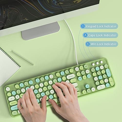Atelus Computer Keyboard Wired, Typewriter Style, Plug Play USB Keyboard with Large Number Pad, Caps Indicators, Foldable Stands, Full Size Wired Keyboard for Windows PC Laptop (Green Colorful) - Thumbnail 3