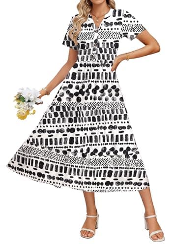 MOLERANI Women Casual Summer Midi Dress Button Short Sleeve Tiered Flowy Swing A Line Floral Dresses with Pockets Beach 2026,Irregular Ink,L - Image 1