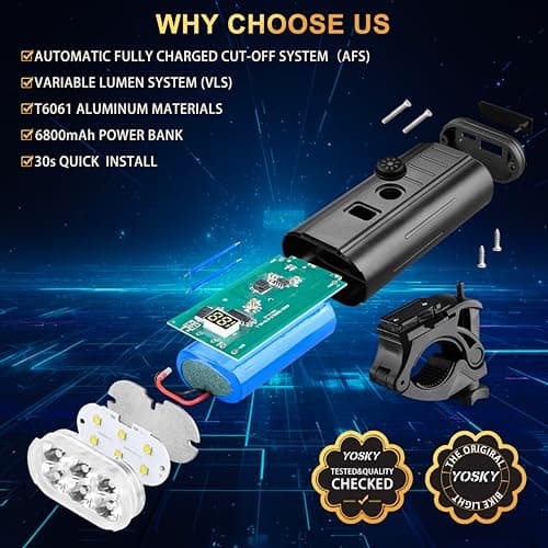 Yosky True 2000 Lumen Bike Lights for Night Riding EVO 6800mAh 6 LED Bike Headlight and Tail Light Set Rechargeable Bike Light Front and Back for Road Mountain Bike, Waterproof Safety Light - Thumbnail 4